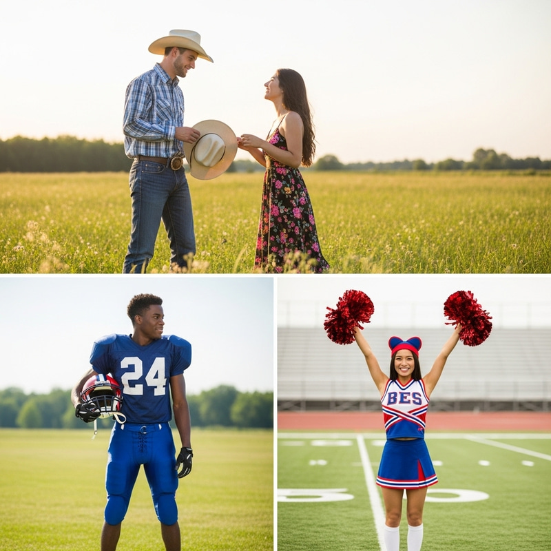 Romantic Country Date & Football Cheer Couple in Field Romantic Country Date & Football Cheer Couple in Field