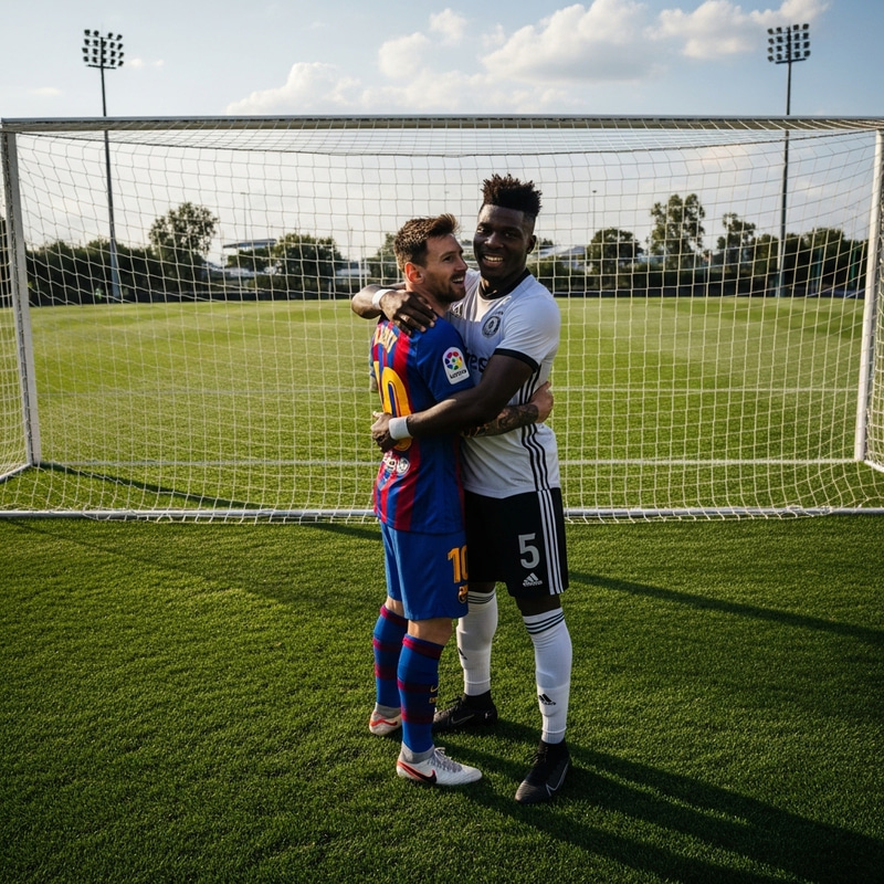 Messi and Cristiano Embrace Under Football Goal Post