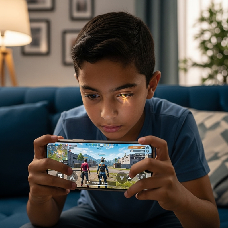 Young Boy Engrossed in Free Fire Mobile Gameplay Young Boy Engrossed in Free Fire Mobile Gameplay
