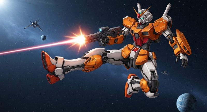 Vibrant Orange and White Gundam in Space | Dynamic Pose & Beam Rifle