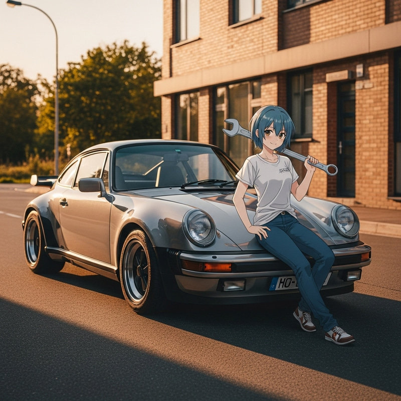 1980 Porsche 911 Turbo S with Anime Girl on City Street