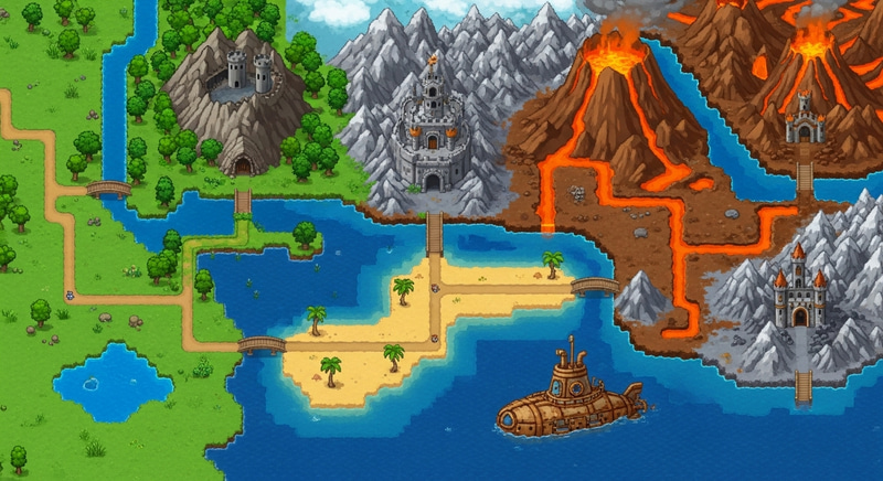 Pixel Art Adventure Map: Majestic Landscapes for Game Selection Screen Pixel Art Adventure Map: Majestic Landscapes for Game Selection Screen