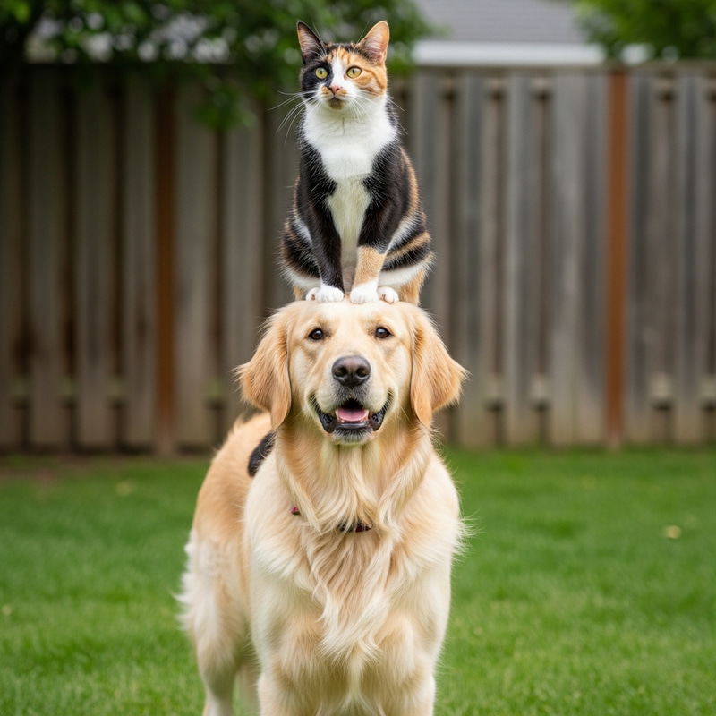 Cat and Dog Harmony: Unusual Friendship Captured in Backyard Scene