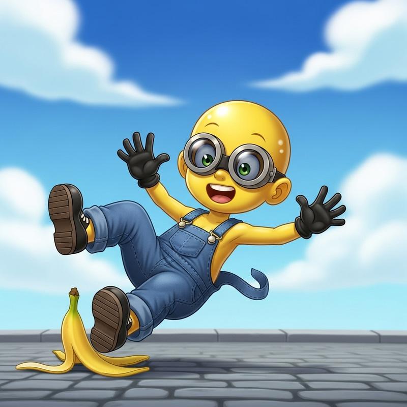 Cute and Mischievous Minion Character in Denim Overalls Cute and Mischievous Minion Character in Denim Overalls