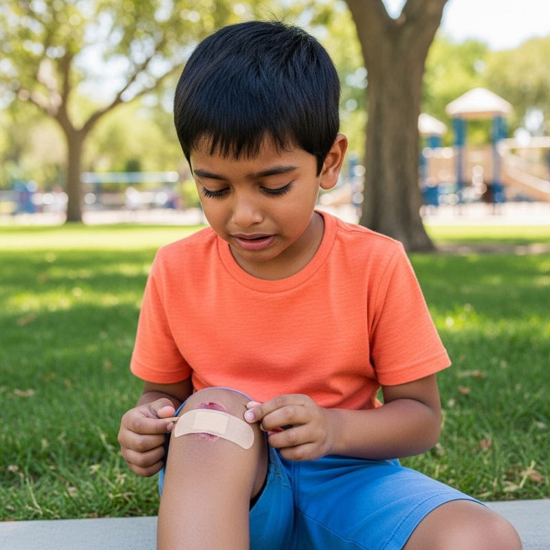 South Asian Boy Applies Bandage to Scraped Knee