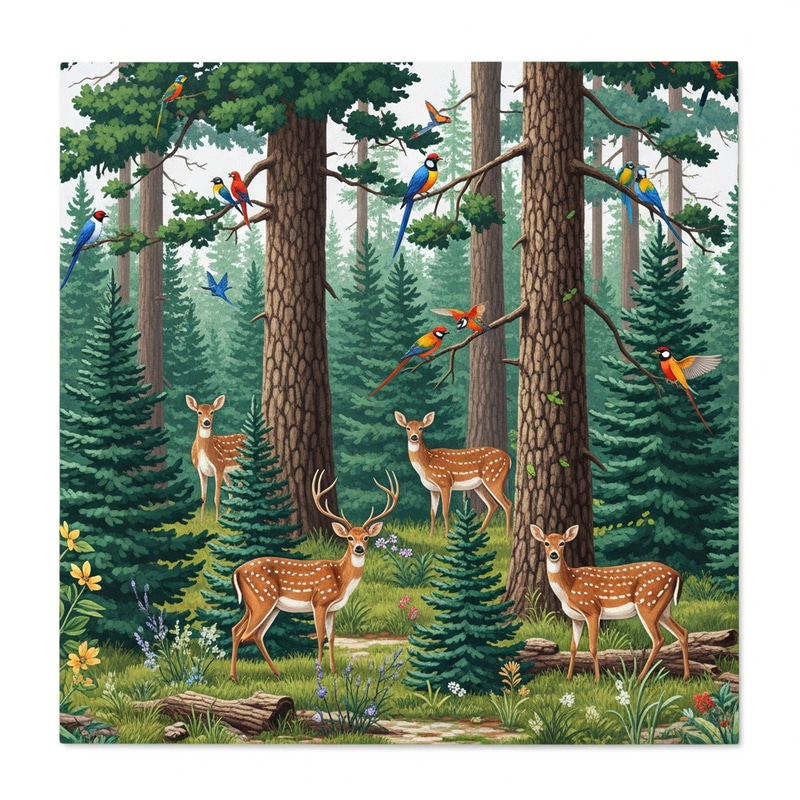 Beautiful Pine Forest with Deer and Colorful Birds Beautiful Pine Forest with Deer and Colorful Birds