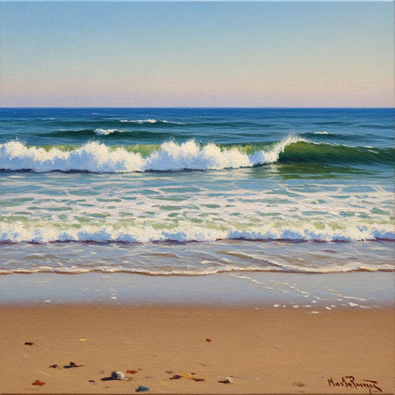 Tranquil Beach Scene with Crashing Waves | Nature-Inspired Art