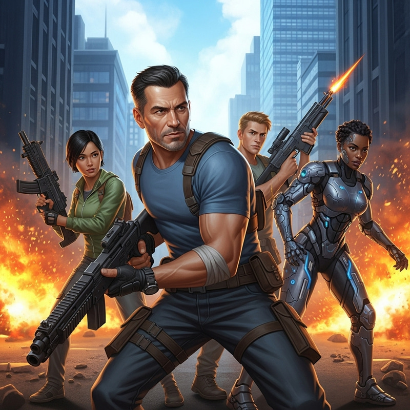 Intense 1VS3 Firefight: Hispanic Protagonist vs Diverse Opponents Intense 1VS3 Firefight: Hispanic Protagonist vs Diverse Opponents