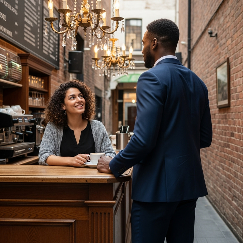 Curly-haired Woman Asking Man Out on a Date in a Cozy Cafe Curly-haired Woman Asking Man Out on a Date in a Cozy Cafe