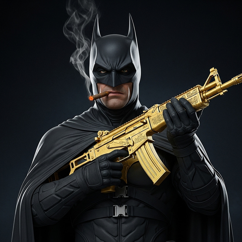 Dark Vigilante with Bat-Themed Costume and Gold AK-47 Dark Vigilante with Bat-Themed Costume and Gold AK-47