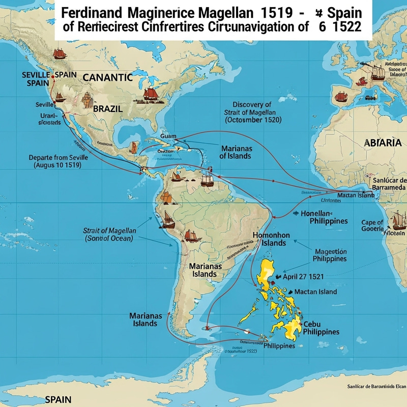 Ferdinand Magellan's Historical Route Map: Exploration of Discoveries and Challenges Ferdinand Magellan's Historical Route Map: Exploration of Discoveries and Challenges