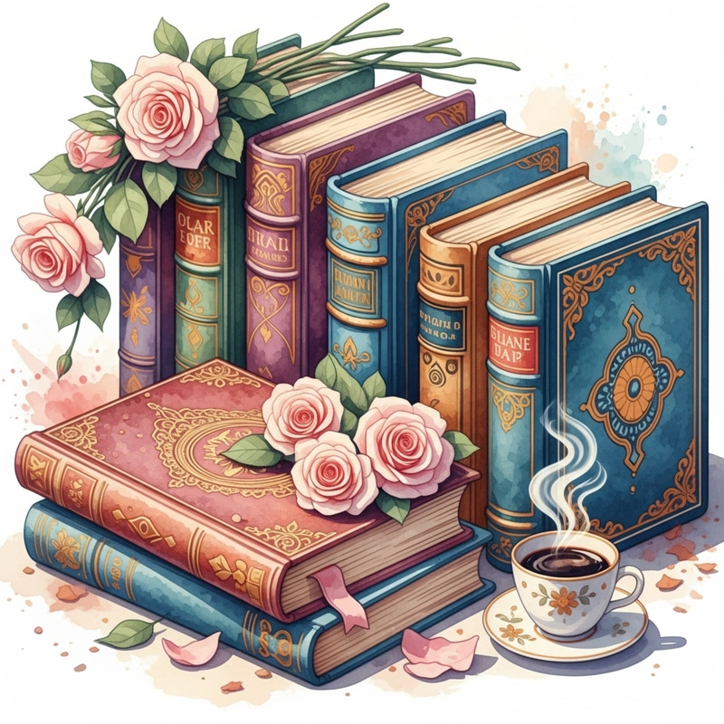 Intricately Detailed 3D Watercolor Image of Antique Books, Roses & Coffee Intricately Detailed 3D Watercolor Image of Antique Books, Roses & Coffee