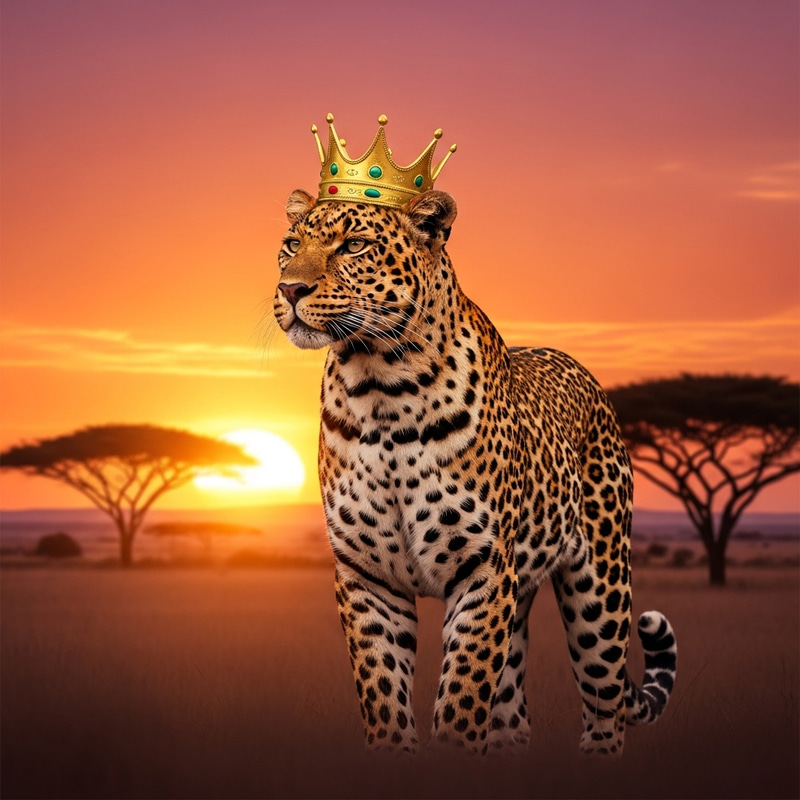 Regal Leopard with Crown in Savannah Sunset