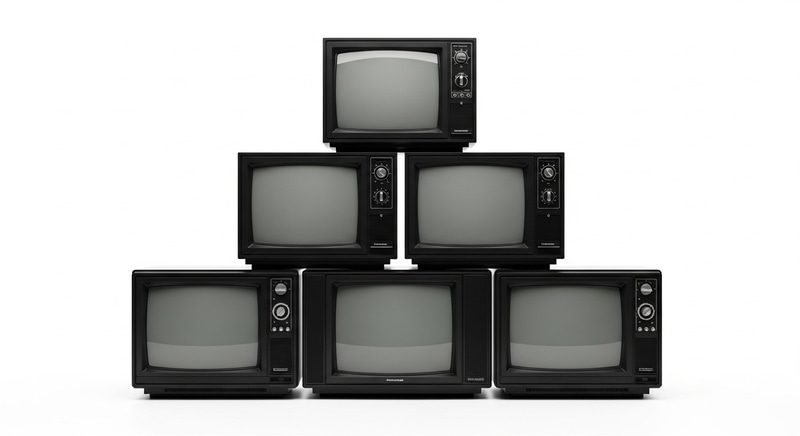 Vintage Black Television Pyramid Display on White Background Vintage Black Television Pyramid Display on White Background