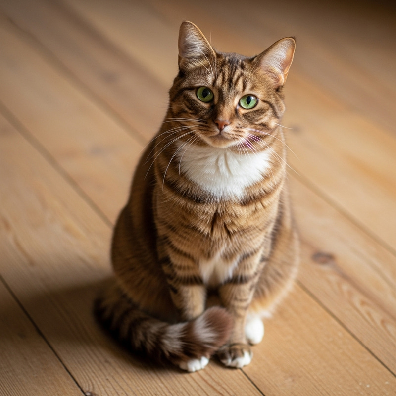 Brown Cat with Striking Green Eyes on Antique Wooden Floor