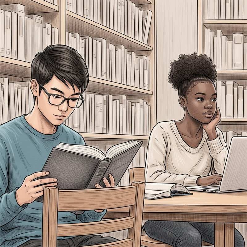 Serene Library Atmosphere: East Asian Teen Boy and Black Teen Girl Studying Serene Library Atmosphere: East Asian Teen Boy and Black Teen Girl Studying