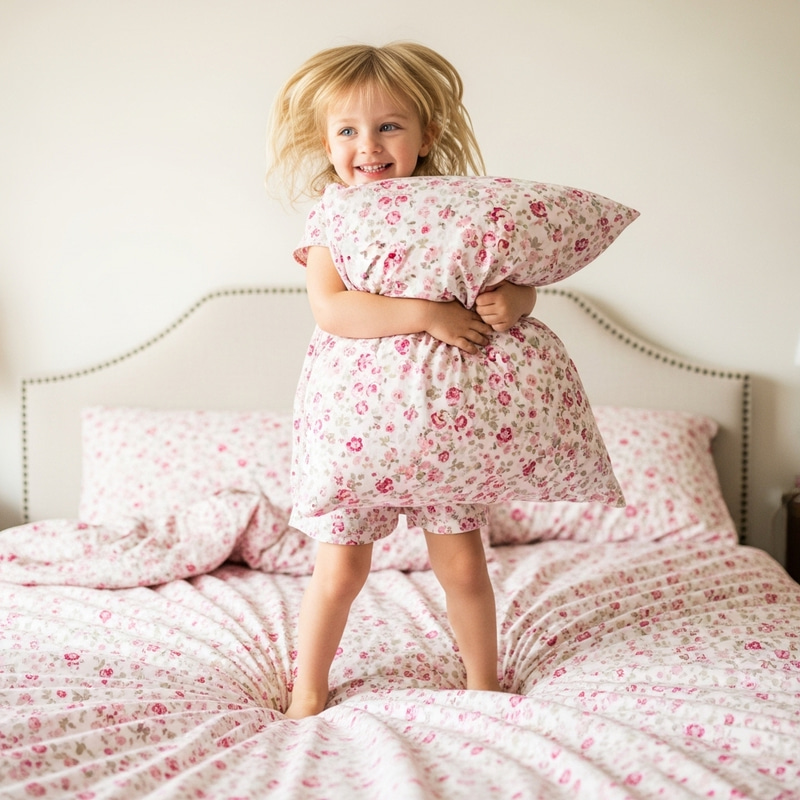 Cheerful Girl with Bright Blonde Hair Jumping on Pink Floral Bed Cheerful Girl with Bright Blonde Hair Jumping on Pink Floral Bed