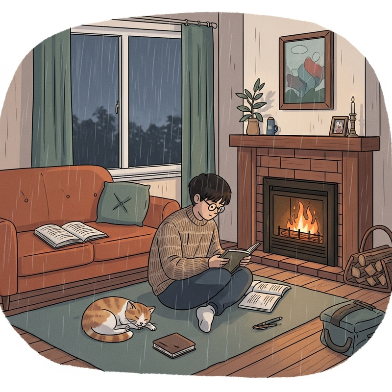 Tranquil Rainy Day Scene: Cozy Room with Fireplace, Sofa, Cat, and Student Tranquil Rainy Day Scene: Cozy Room with Fireplace, Sofa, Cat, and Student