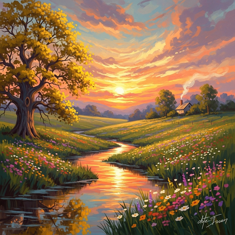 Peaceful Impressionistic Countryside Landscape: A Sunset Symphony