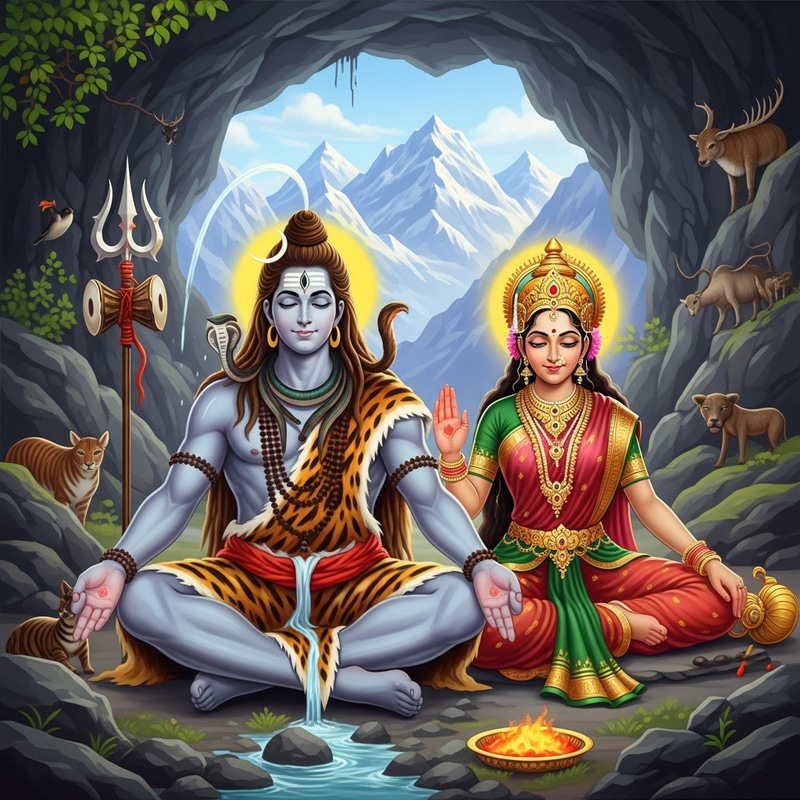 Shiv and Parvati - Divine Hindu Gods in Serene Himalayan Setting