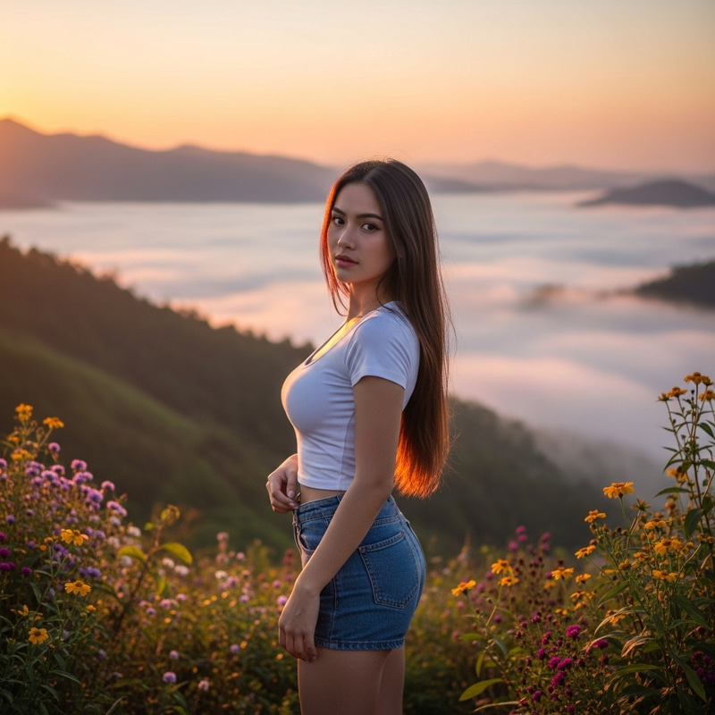 Stunning Teen Portrait in Misty Mountain Landscape Thailand Sunset