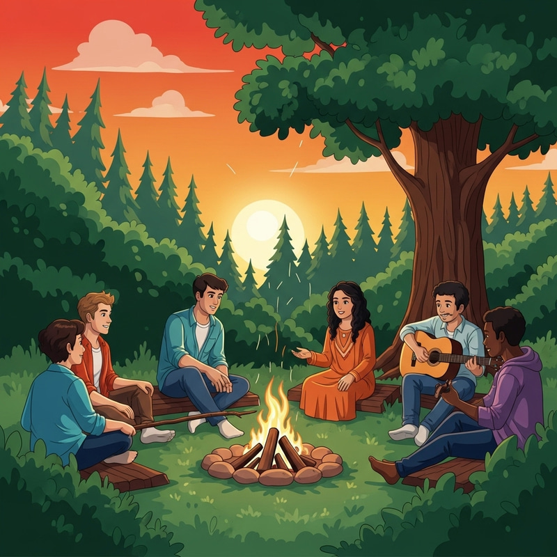 Serene Campfire Gathering at Sunset in Enchanted Forest Serene Campfire Gathering at Sunset in Enchanted Forest