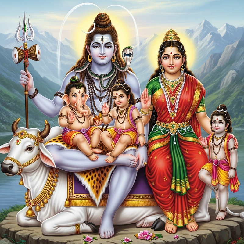 Divine Depiction of Lord Shiva, Maa Parvati, Lord Ganesh, and Kartikeya on Nandi Bull