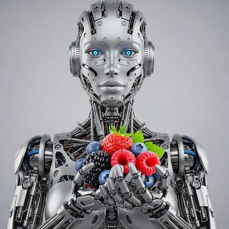 Girl Robot with Berries | Futuristic Metal Droid Art Girl Robot with Berries | Futuristic Metal Droid Art
