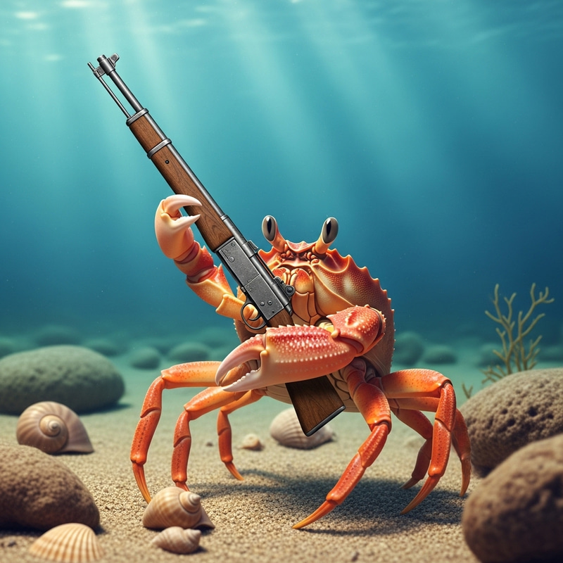 Surreal Marine Crab with Rifle on Ocean Floor