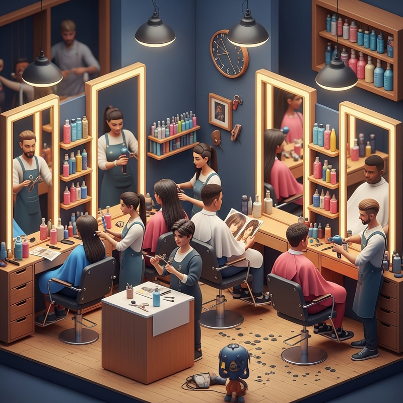 3D Hair Salon: Stylish Stylists & Diverse Clients in Action