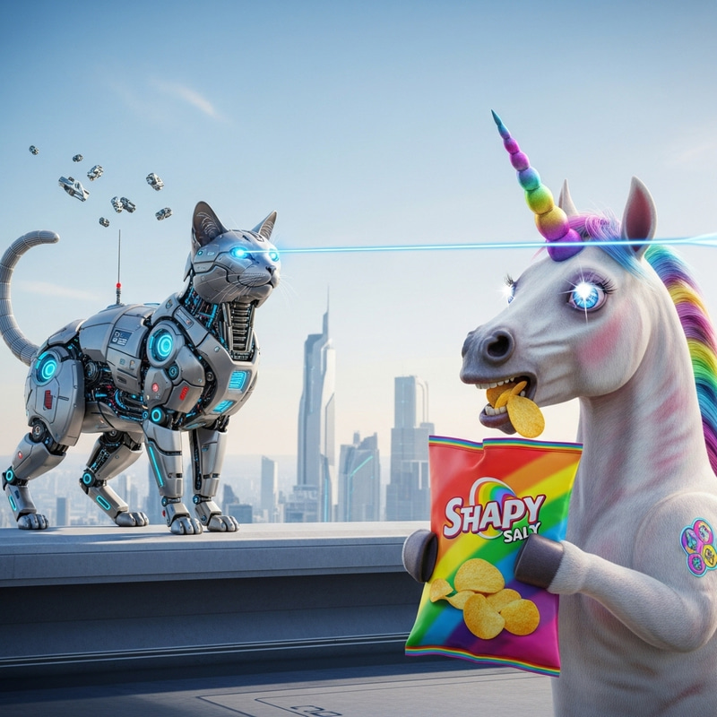 Futuristic Cyborg Cat Shooting Lasers on Unicorn Eating Potato Chips Futuristic Cyborg Cat Shooting Lasers on Unicorn Eating Potato Chips