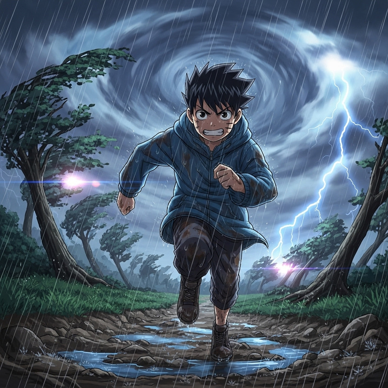 Courageous Anime Boy Conquers Challenges Amid Turbulent Weather