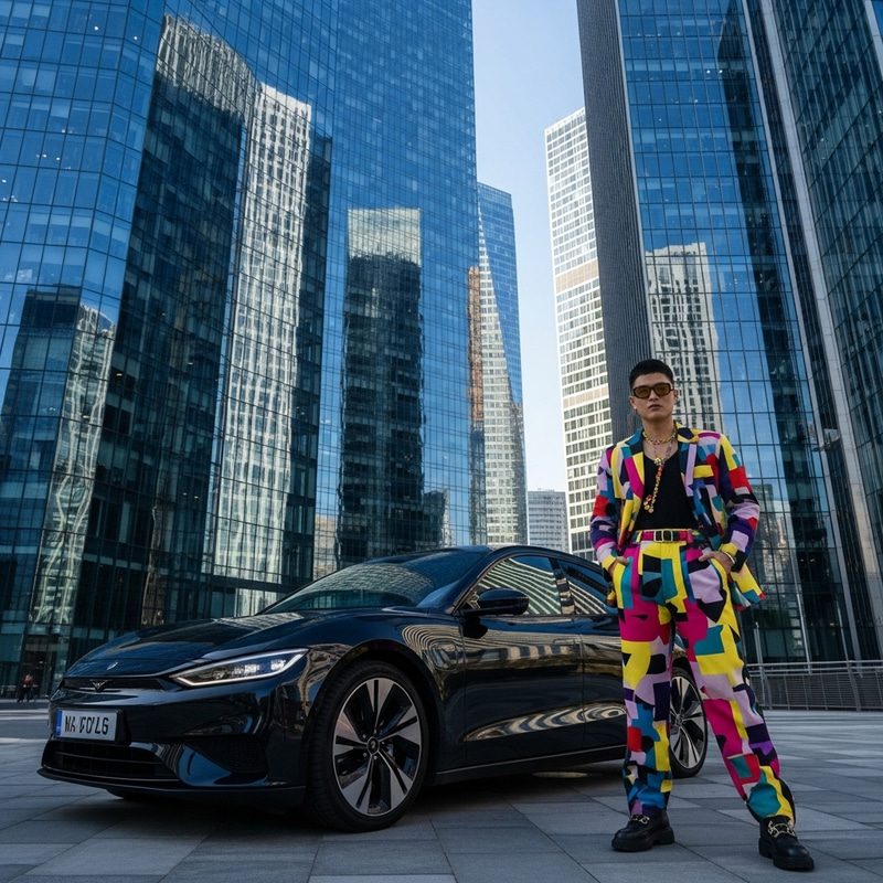 Stylist, Bold and Modern: Fashion-Forward Individual with Electric Vehicle Stylist, Bold and Modern: Fashion-Forward Individual with Electric Vehicle