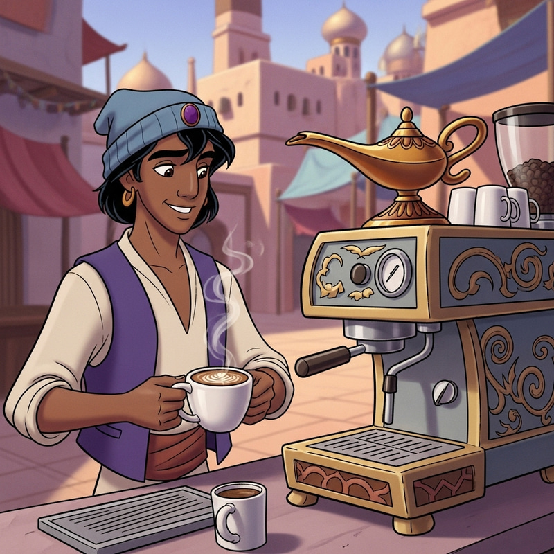 Dark-skinned Beanie-Wearing Aladdin Barista Cartoon