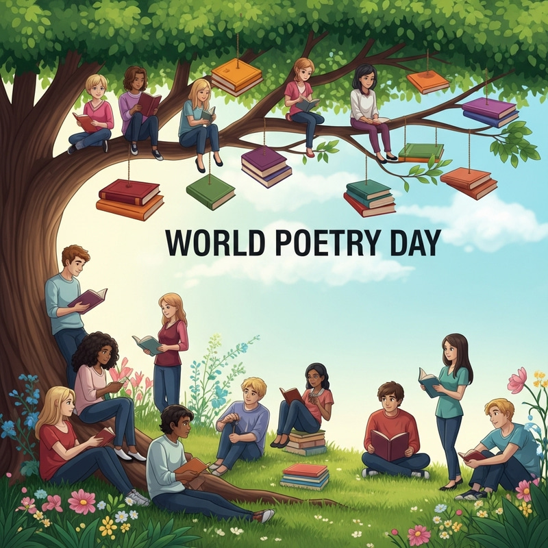 World Poetry Day Poster with Diverse Teenagers and Nature