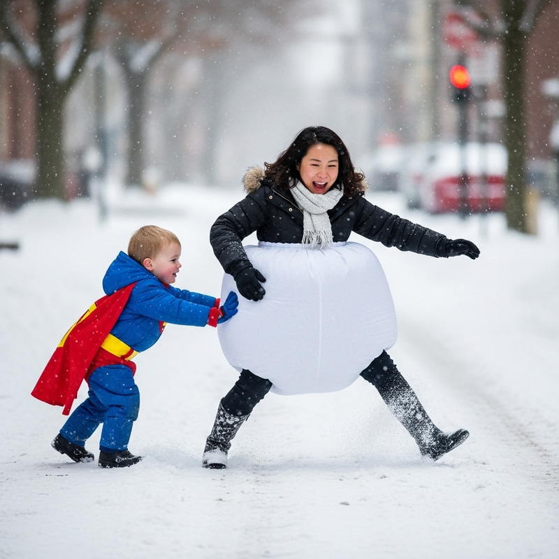 Charming 4k Scene: Super Hero Toddler Pushes Woman in Snow-filled Street Charming 4k Scene: Super Hero Toddler Pushes Woman in Snow-filled Street
