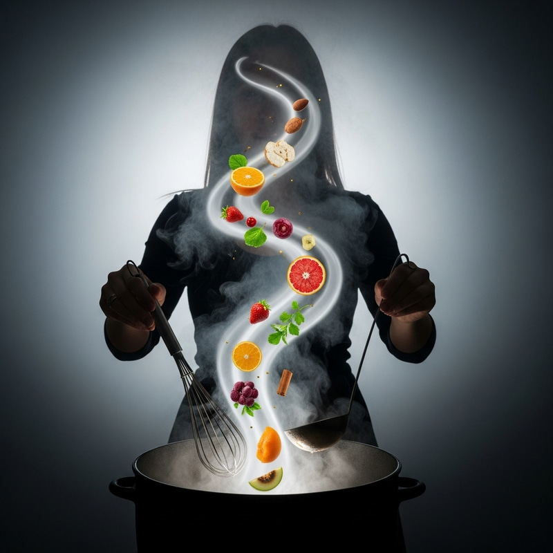 Enigmatic Cauldron Scene: Magical Hands Conjur Fruits and Food Enigmatic Cauldron Scene: Magical Hands Conjur Fruits and Food