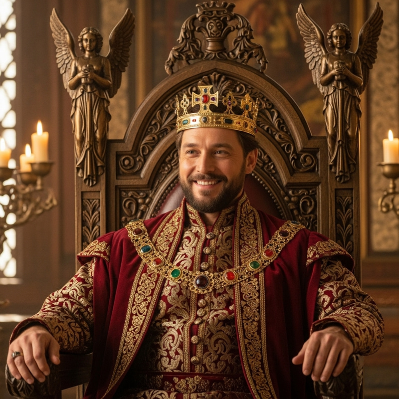 Regal King in Red & Gold Robe on Throne | Renaissance Oil Painting