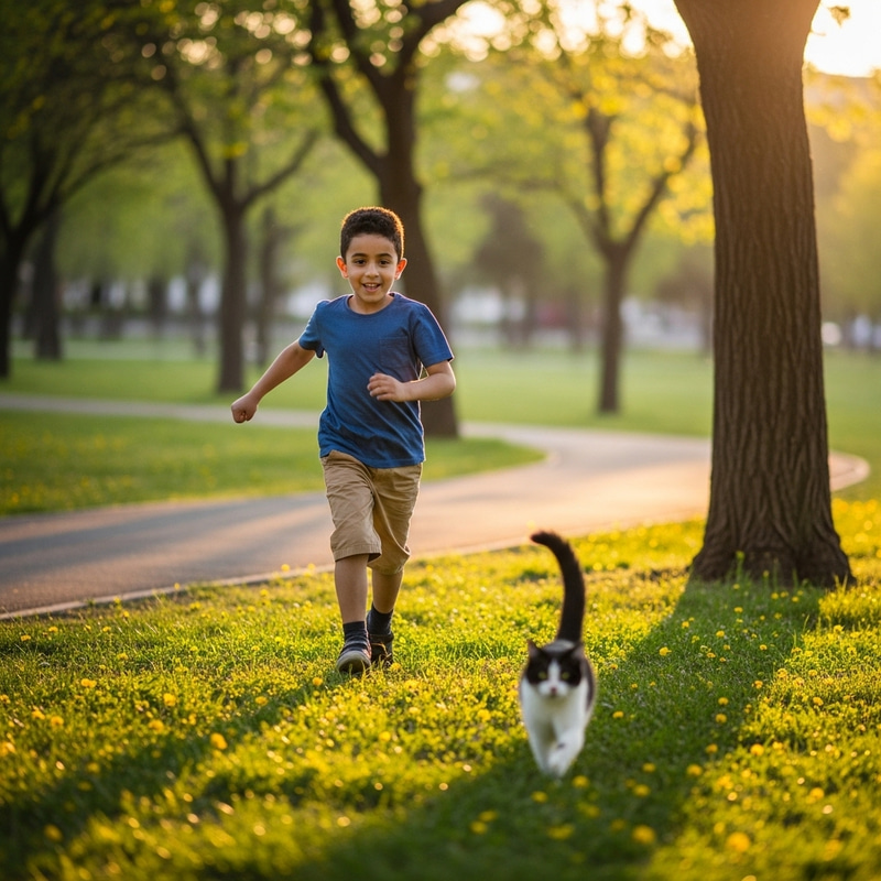 Boy Running After Cat in Garden
