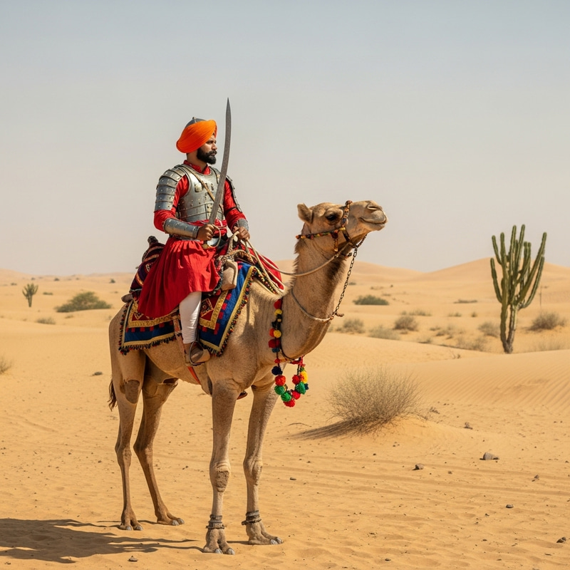 Indian Rajput Warrior with Damascus Sword on Camel in Desert Indian Rajput Warrior with Damascus Sword on Camel in Desert