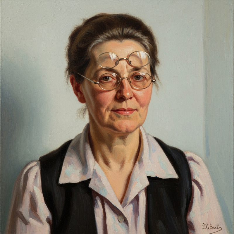 Elegant Realist Painting of a Woman with Eyeglasses Elegant Realist Painting of a Woman with Eyeglasses