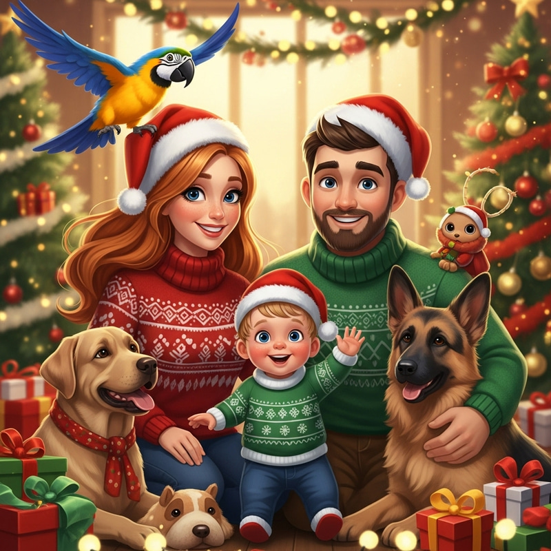 Magical Christmas Family Portrait in Disney Pixar Style