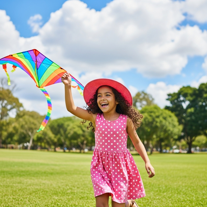 Charming Girl Flying a Colorful Kite at the Park Charming Girl Flying a Colorful Kite at the Park