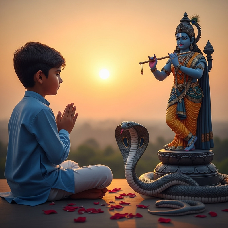 Divine Encounter: Hindu Boy Praying at Sunrise with Goddess Snake Blessing