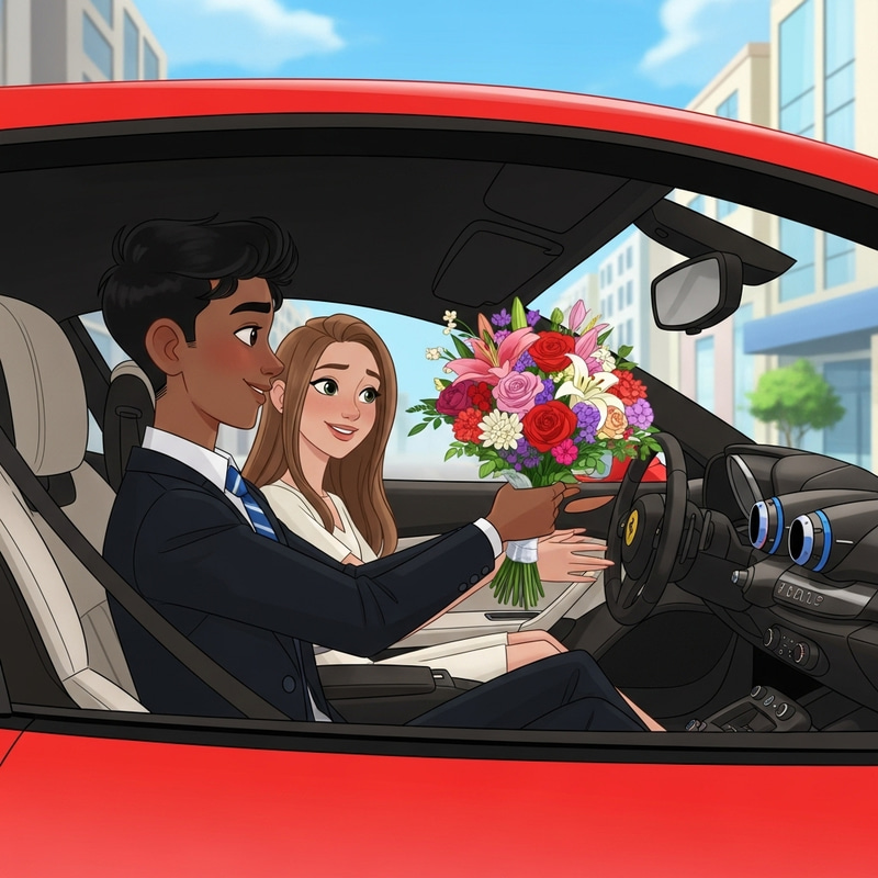Young Teenager in Corporate Wear Presents Flowers in Luxury Sports Car Young Teenager in Corporate Wear Presents Flowers in Luxury Sports Car