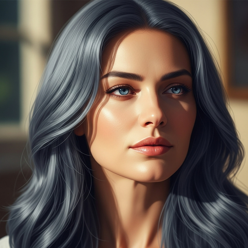 Captivating Beauty: Serene Woman with Ash-Coloured Hair & Blue Eyes
