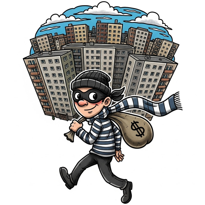 Cartoon Bank Robber with White Blue Scarf Escaping | Munich Plattenbauten Skyline Tattoo