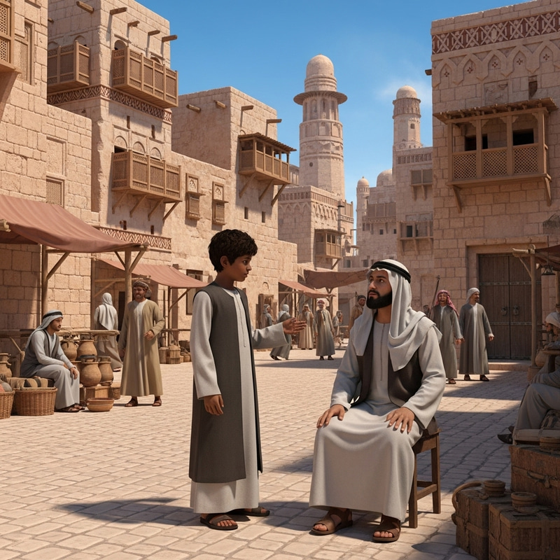 Young Boy in Ancient Arabian City Talking to Sick Man Young Boy in Ancient Arabian City Talking to Sick Man