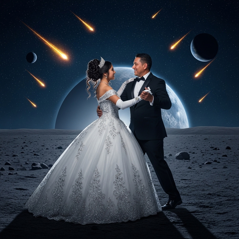 Quinceañera Dancing with Dad on Moon as Meteorites Explode
