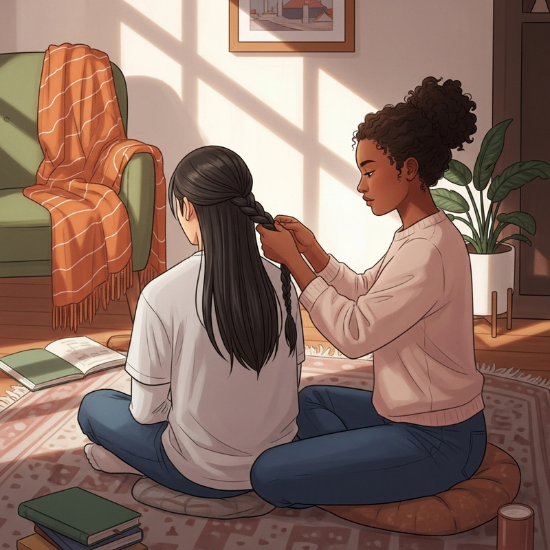Young Woman Braiding Boyfriend's Hair - Intimate Moment Young Woman Braiding Boyfriend's Hair - Intimate Moment